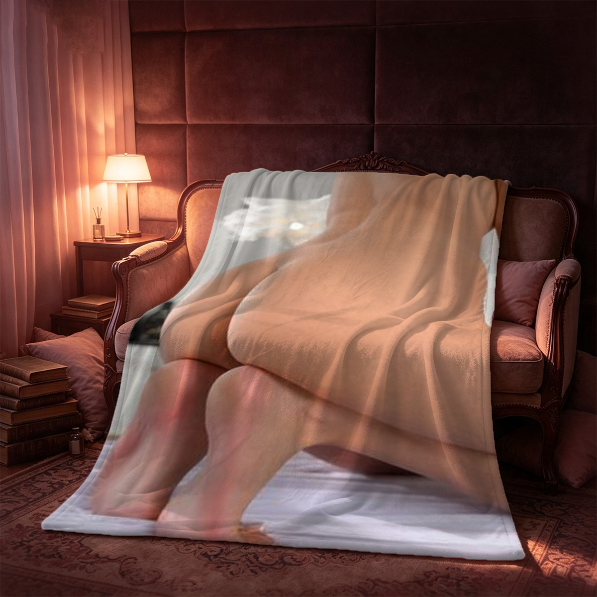 Emma Watson in a blue satin babydoll dress on a red leather couch - Blanket