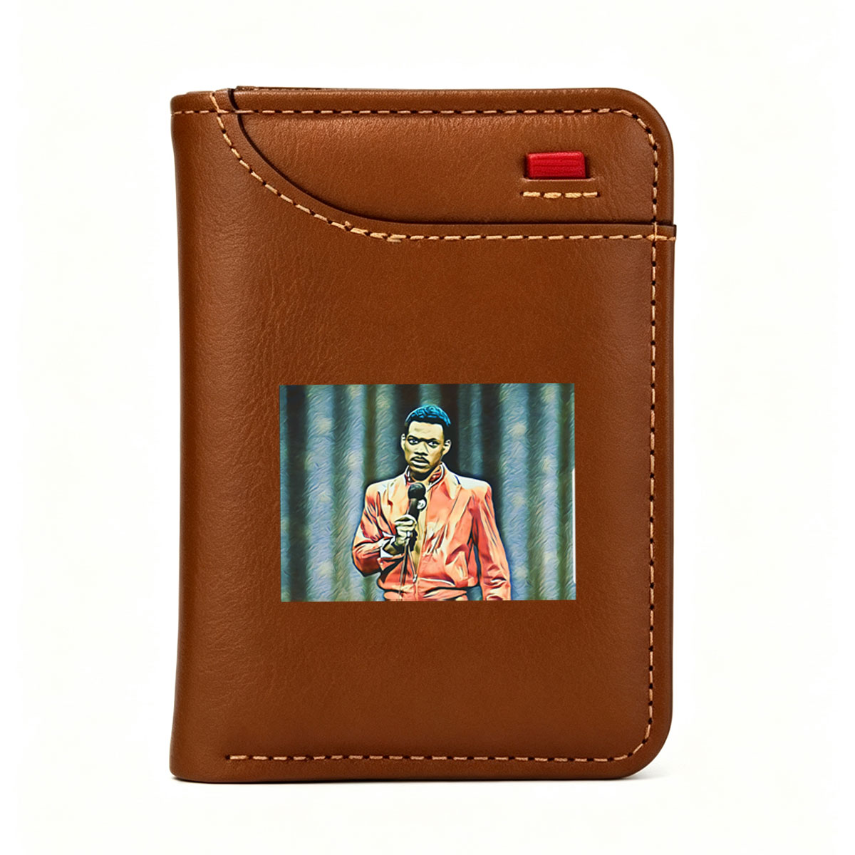 Eddie Murphy in a vibrant orange jacket holding a microphone on stage - Vertical Style Wallet