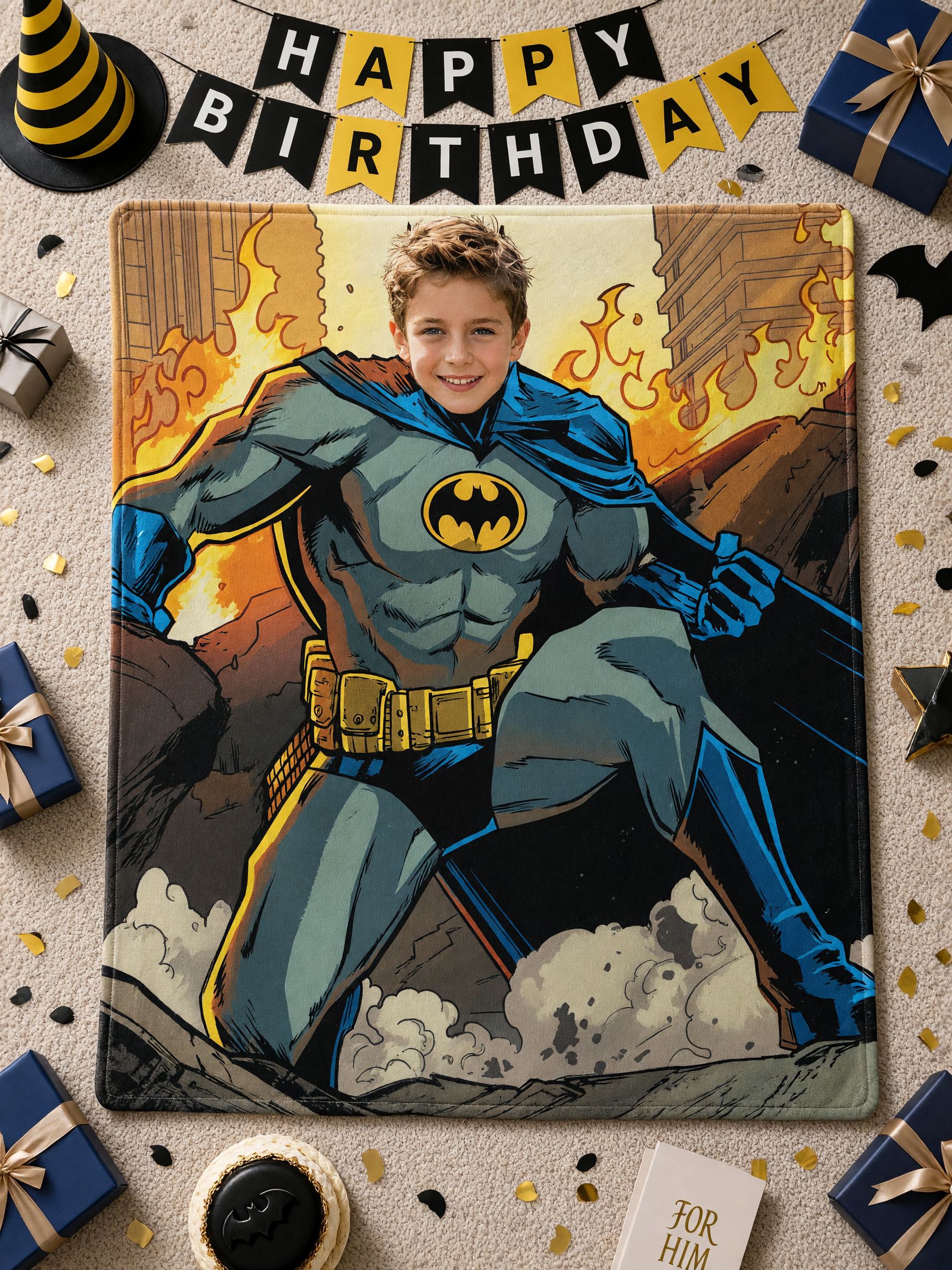 Custom Superhero Face Blanket, Personalized Photo Soft Flannel Fleece Throw, Unique Keepsake Gift for Kids and Boys