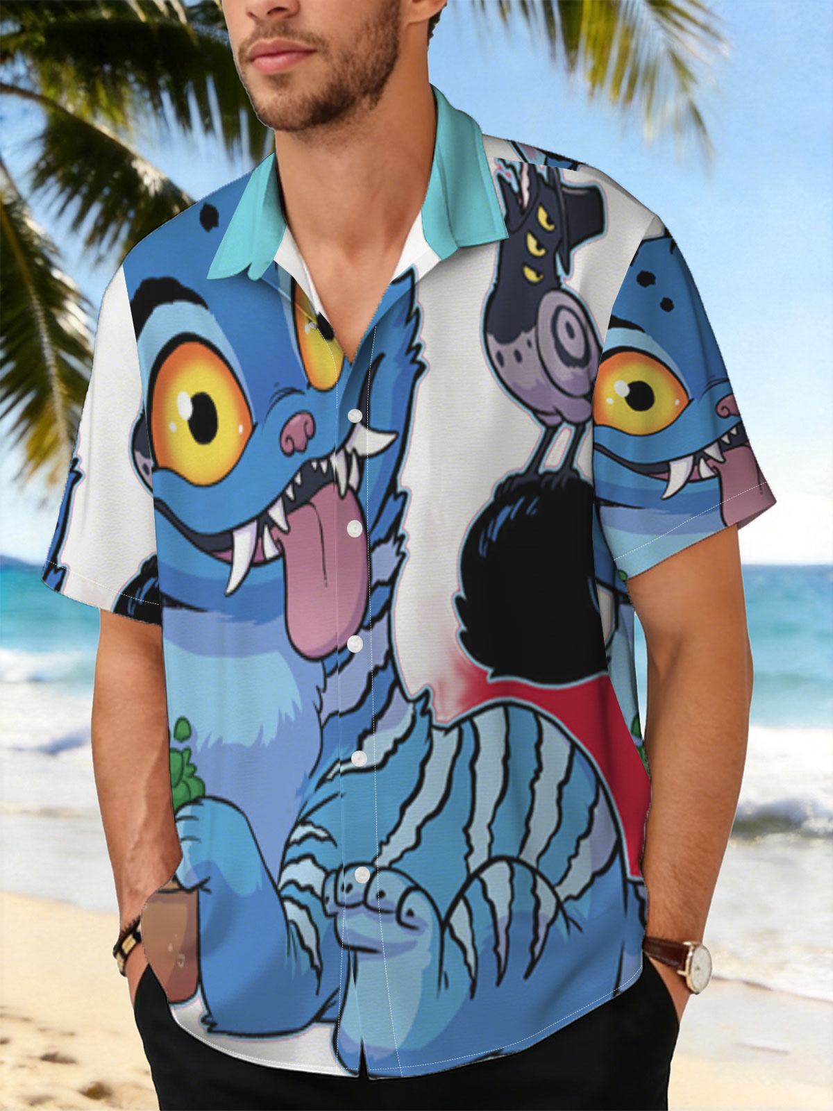 Blue Cat with Cactus and Bird on Head -  Shirt