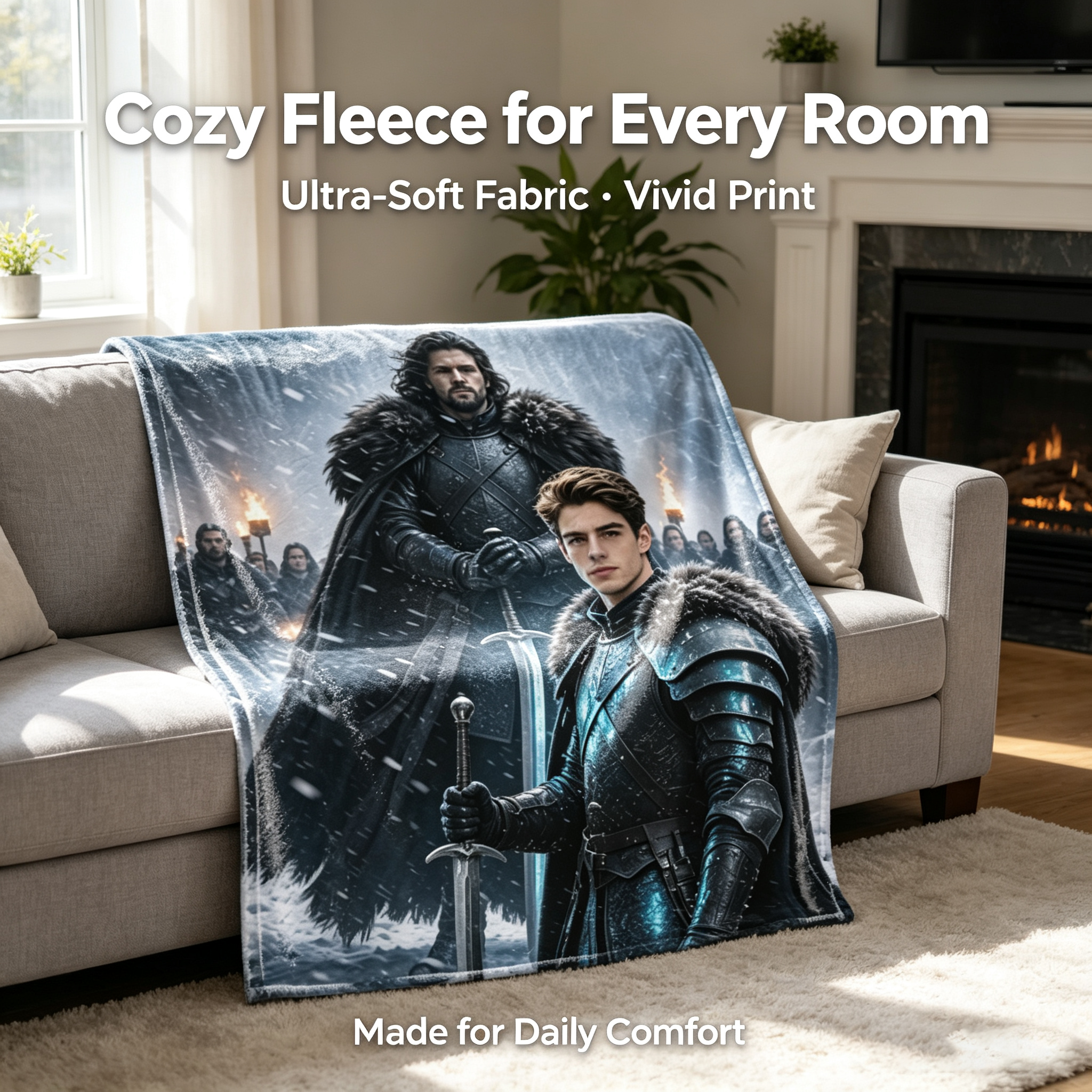 Custom Face Blanket Game of Thrones Jon Snow and Young Warrior Flannel Blanket Cozy Winter Bedding Gift for Fans and Collectors