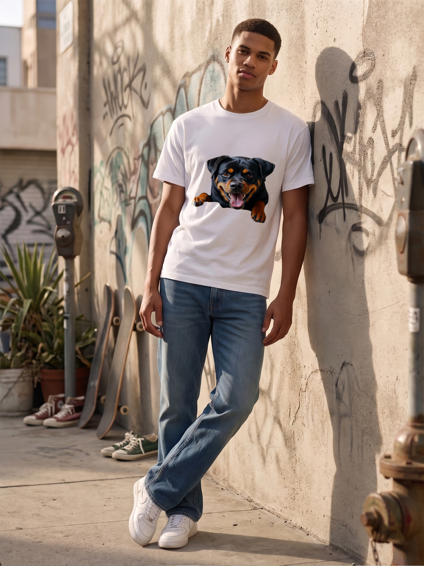 Men's Printed T-Shirt Featuring Rottweiler Dog Face Design, Casual Round Neck Lightweight Breathable Summer Short Sleeve Tee for Dog Lovers and Pet Enthusiasts