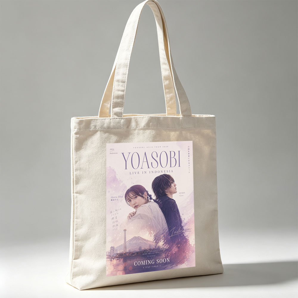 YOASOBI Live in Indonesia Concert Poster Featuring Ikuta Lilas and Ayase with Mount Fuji and Cityscape Background - Canvas tote bags