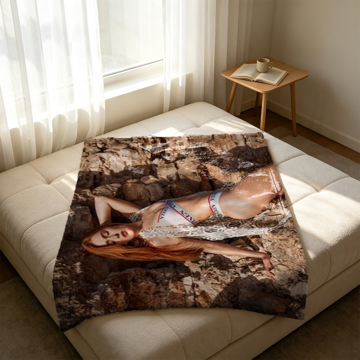 Woman in pink qipao holding red fu character in snowy mountains. - Blanket