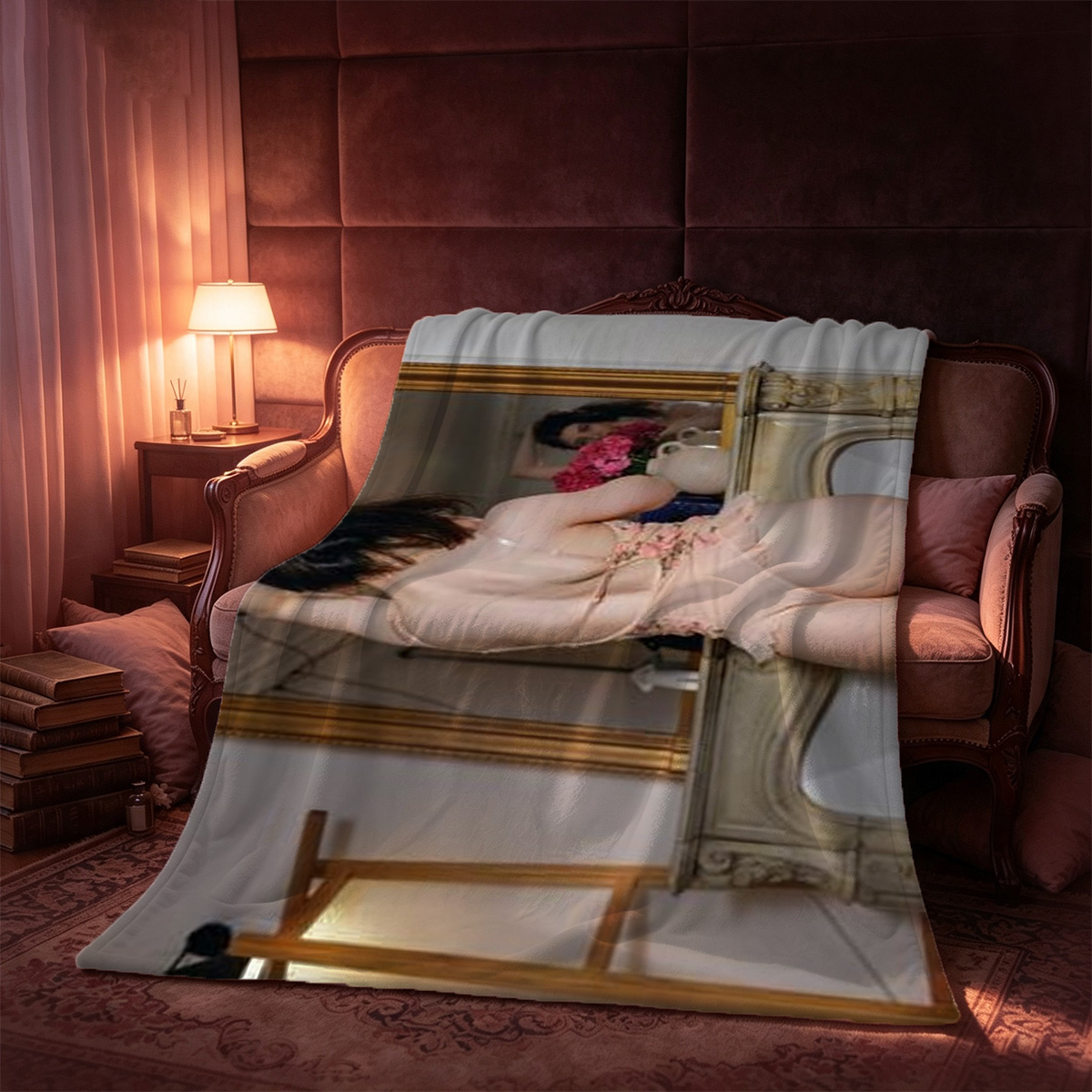 Woman in brown bodysuit pulling up pants in blue chair. - Blanket