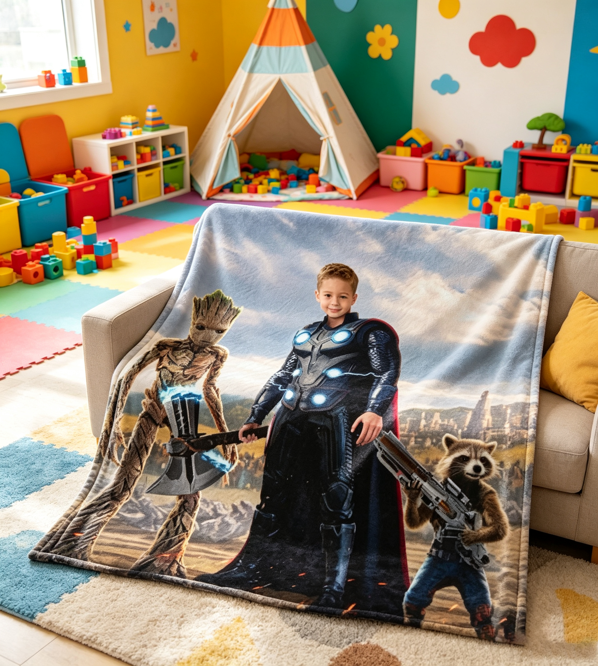 Personalized Superhero Kids Blanket - Custom Face Soft Plush Throw