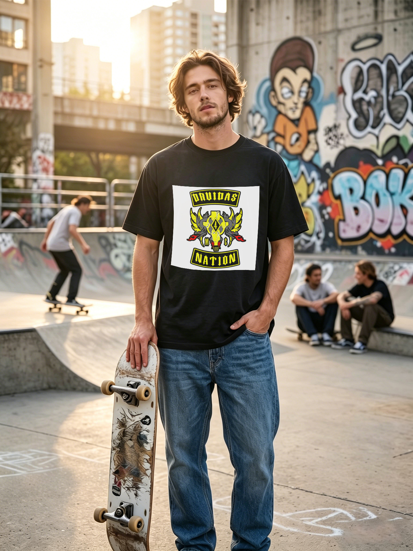 Men's Printed T-Shirt with Druidas Nation Logo and Dragon Wings Design, Casual Round Neck Summer Lightweight Breathable Short Sleeve T-Shirt for Biker Enthusiasts and Streetwear Fans