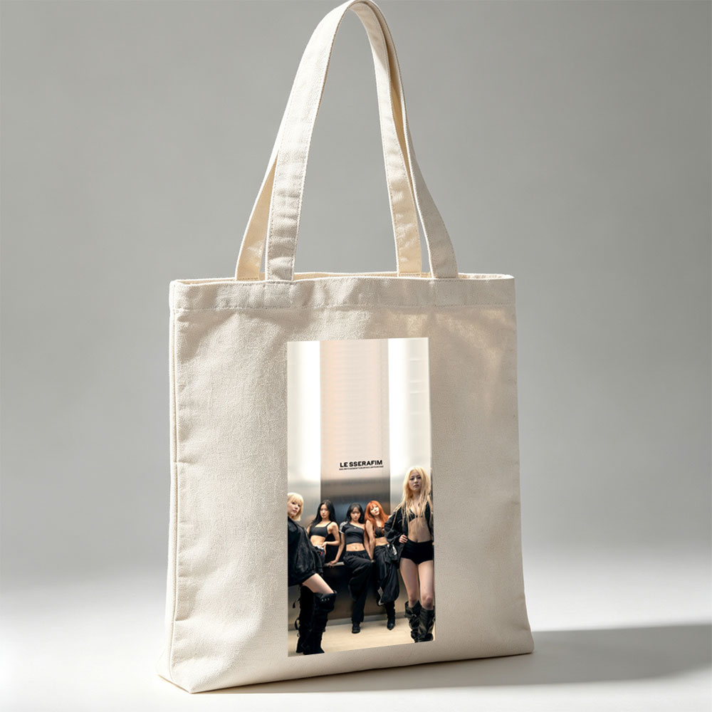 LE SSERAFIM Group Pose in Edgy Black Outfits Against Modern Wall Background - Canvas tote bags