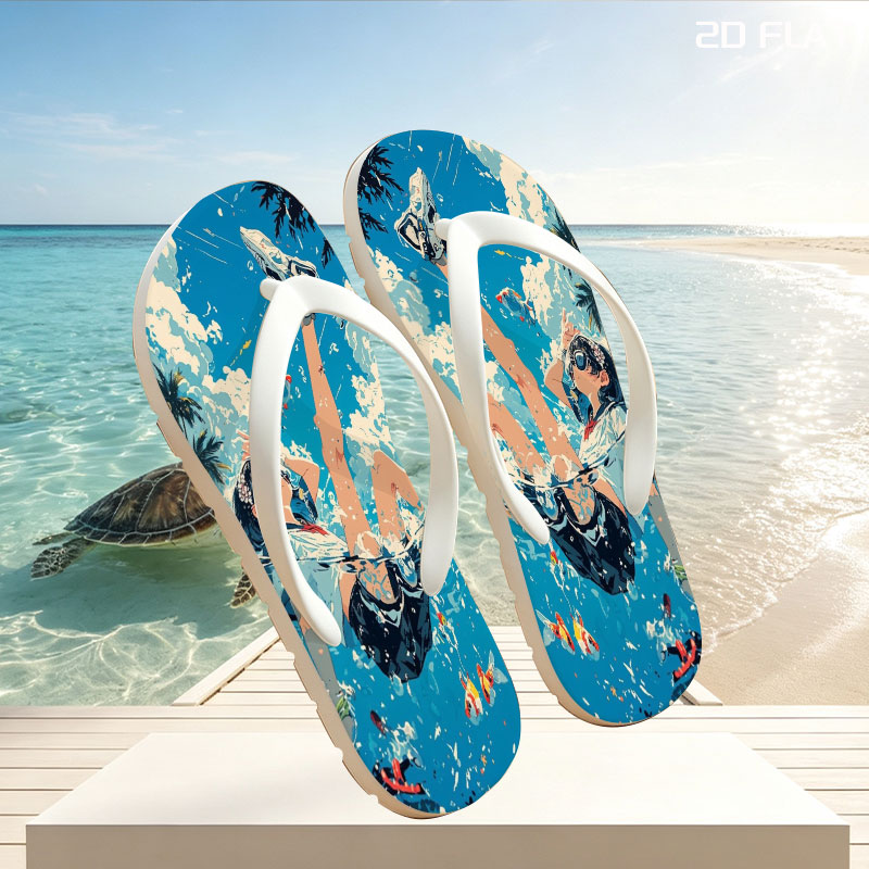 Girl floating in water with koi fish and palm trees under blue sky -  flip-flops
