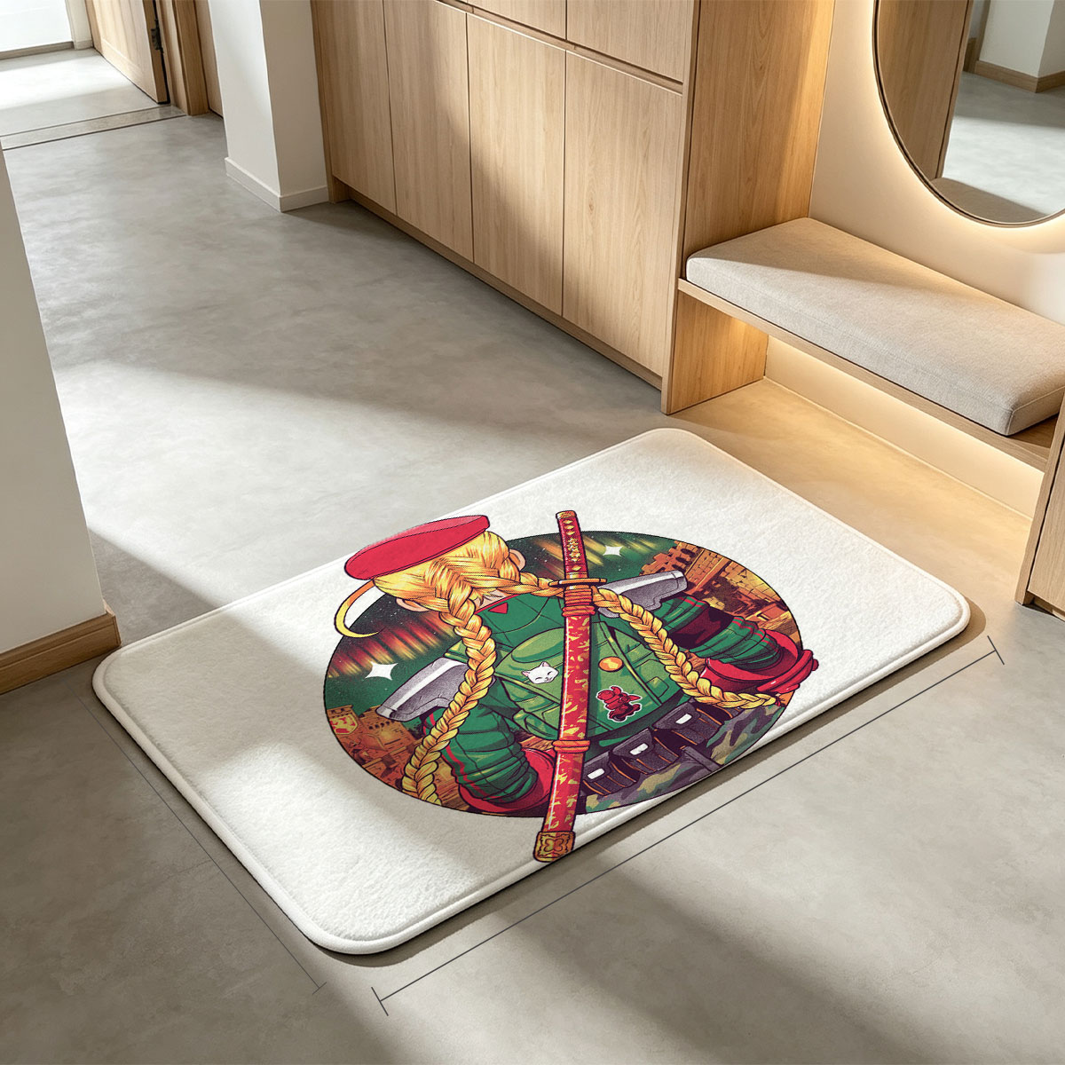 Blonde Warrior with Red Beret and Katana, Futuristic Urban Background - Flannel floor mat