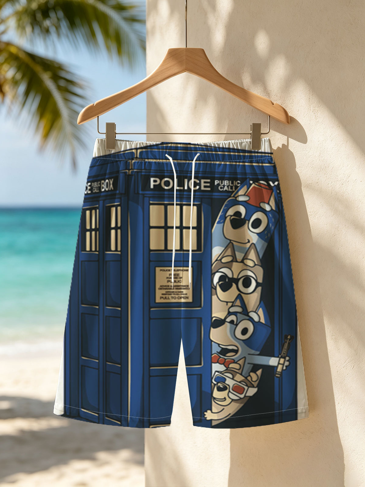Bluey and Family in the TARDIS: A Whimsical Time Travel Adventure -  Beach shorts