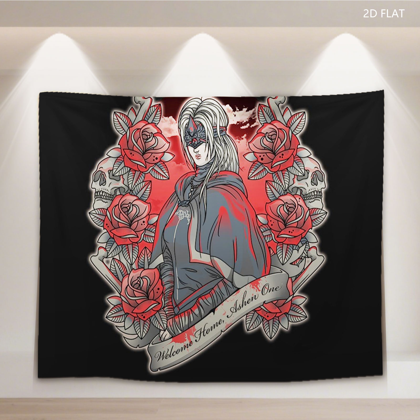 Welcome Home, Ashen One: A Mysterious Figure in a Red and Gray Cloak Surrounded by Roses and Skulls - Tapestry