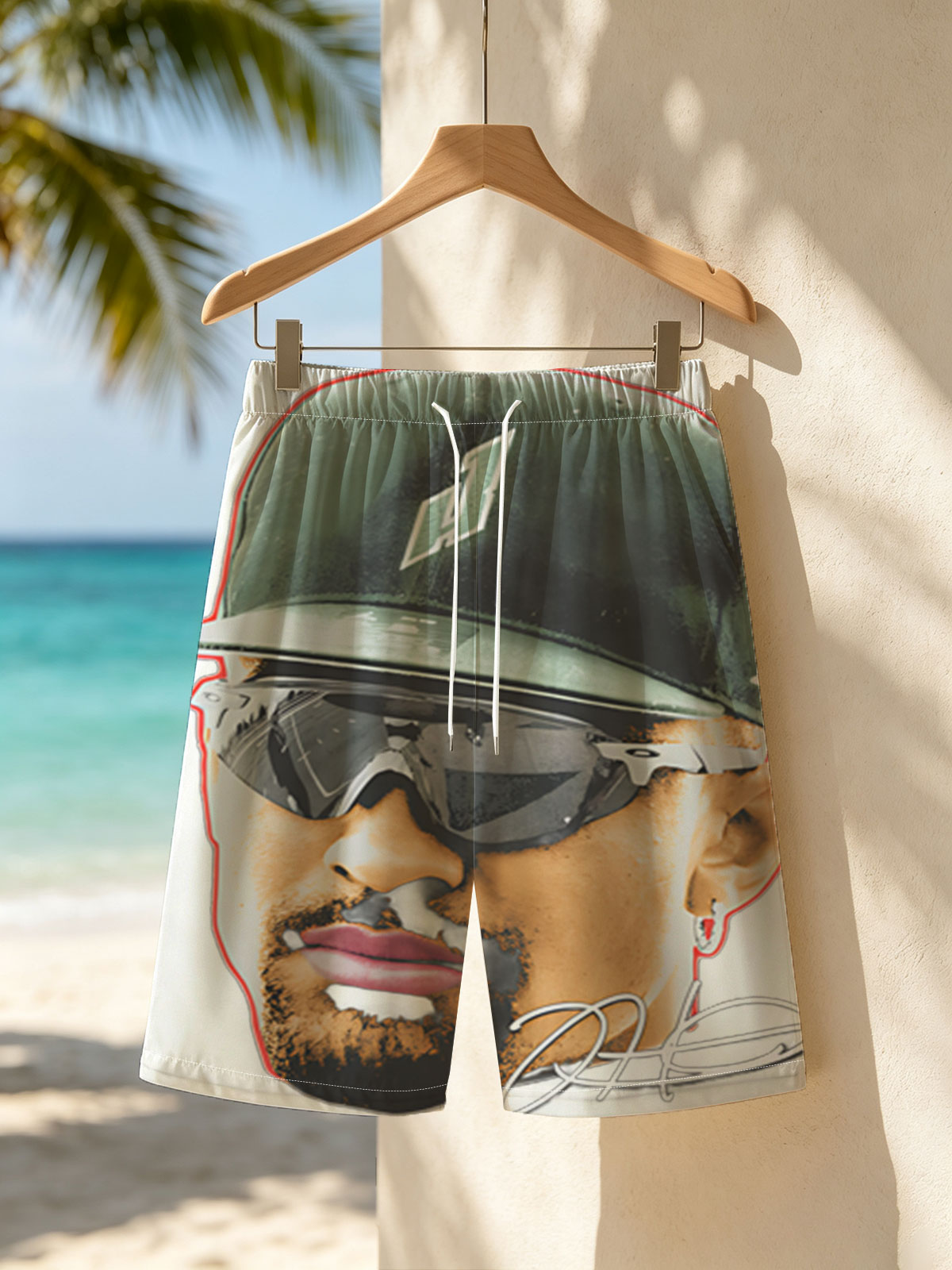 Derek Jeter in Green Cap and Sunglasses with Signature -  Beach shorts