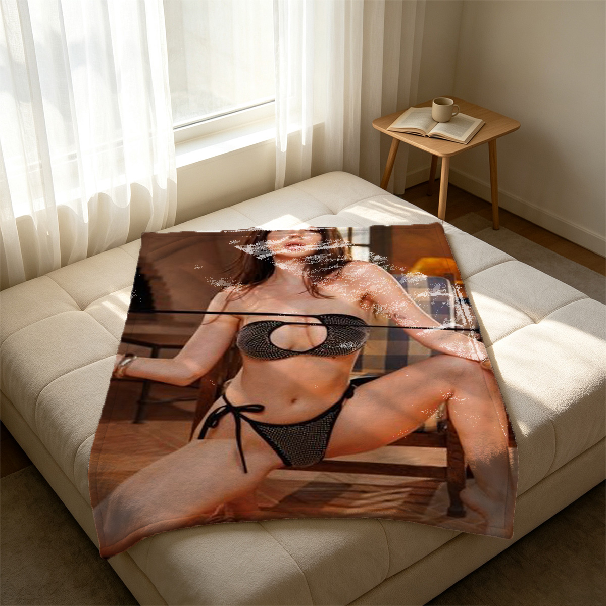 Pink Lace Lingerie Seduction on Sofa - Blanket