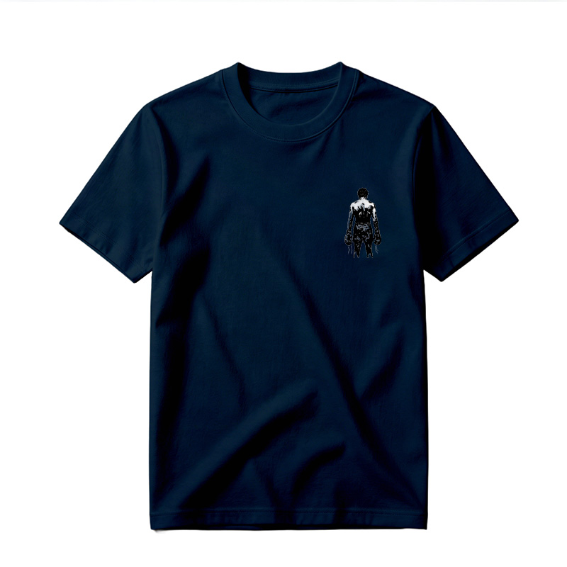 Silhouette of a muscular figure with abstract white patterns on the back, wearing gloves and pants, set against a black background. - Tee