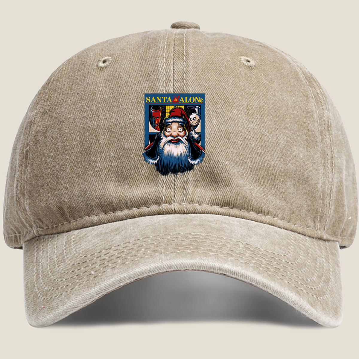 Santa Alone: Santa Claus, Jack Skellington, and Red Mask - Washed Denim - Baseball Cap