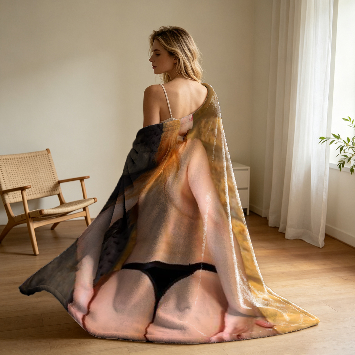 Beautiful Woman in Orange Fishnet Top Leaning on Pool Table - Blanket