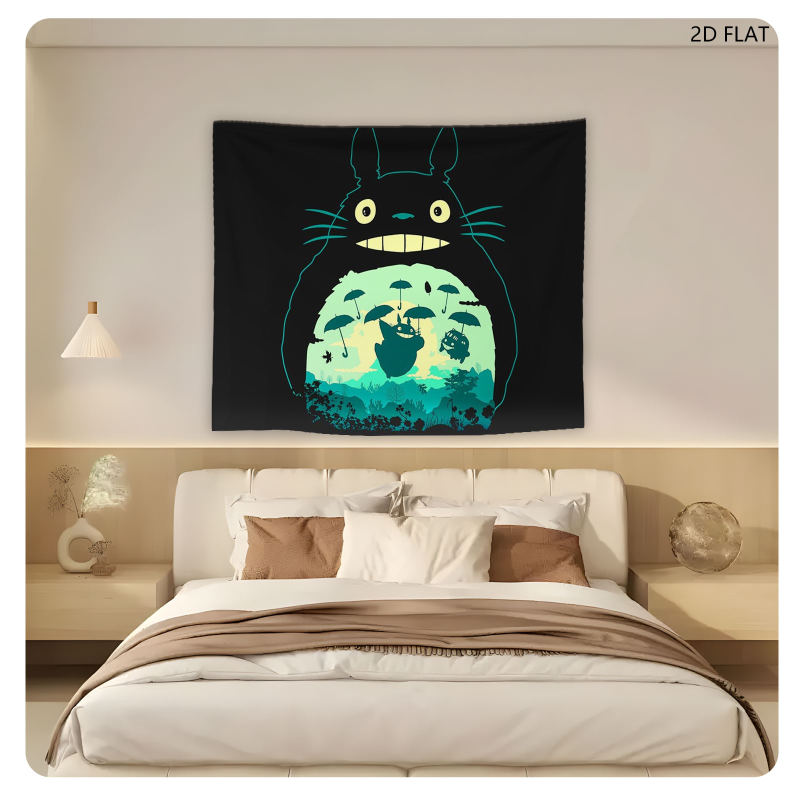 Totoro and Friends Under Umbrellas in a Magical Forest Scene - Tapestry