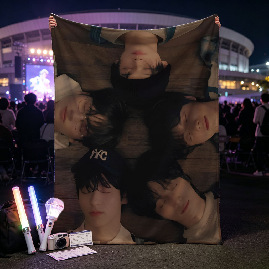 TXT Members Lying in a Circle on Wooden Floor Wearing Overalls and Casual Outfits - Blankets