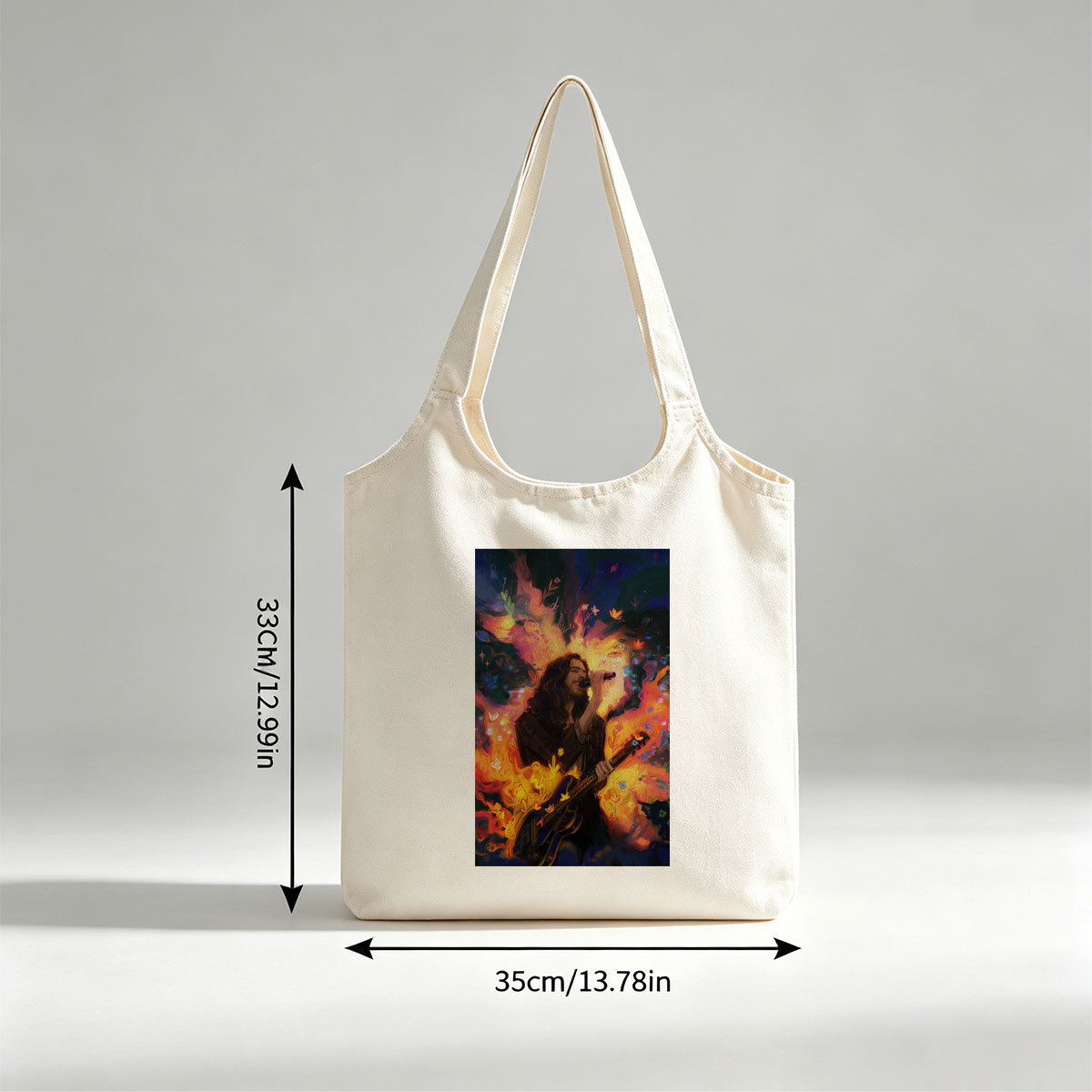 Hozier Performing with Guitar Amidst Vibrant Flames and Flowers Artwork - Canvas shoulder bags/