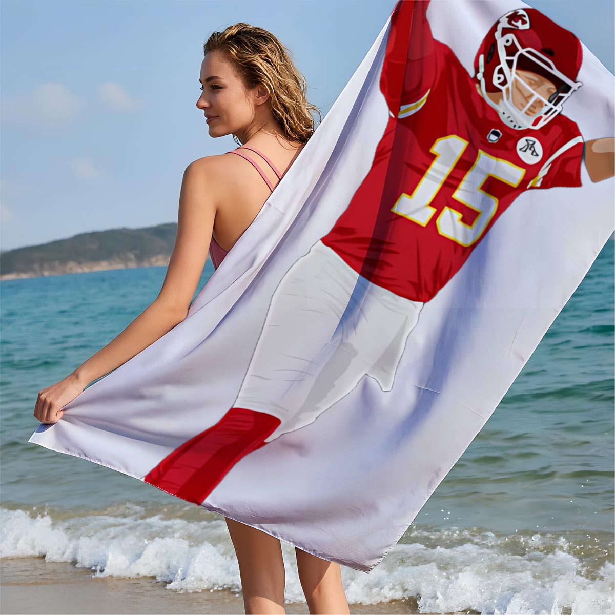 Patrick Mahomes Celebrates in Chiefs Uniform - Beach towels
