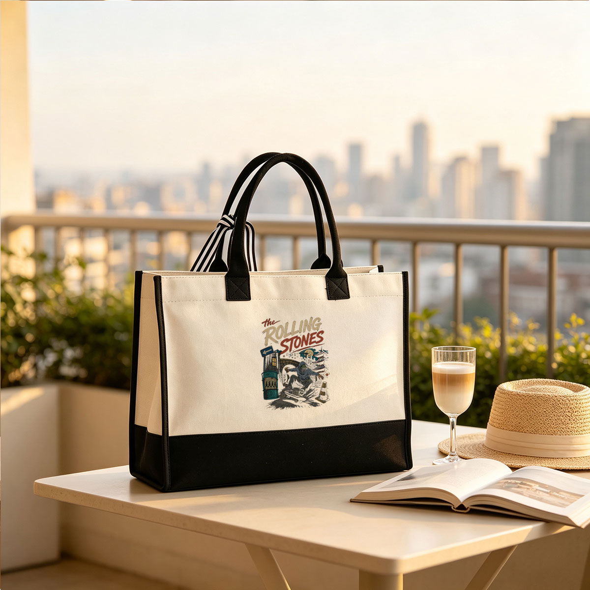 The Rolling Stones Skateboarder in Urban Night Scene - Canvas patchwork gift tote bag