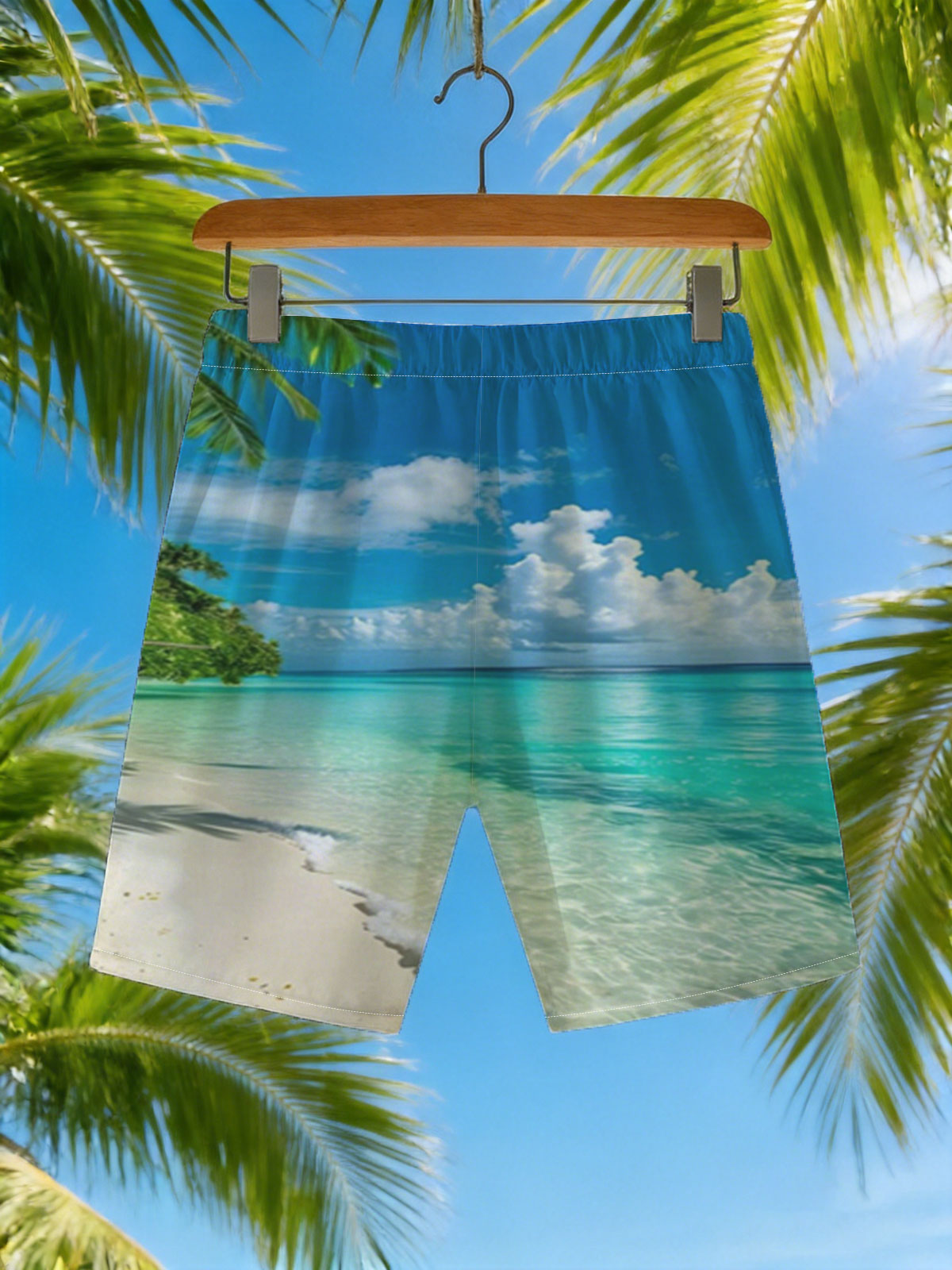 Tropical Beach with Crystal Clear Water and Palm Trees -  Beach shorts