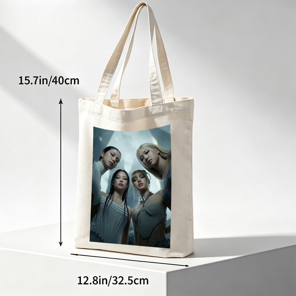 BLACKPINK in Futuristic Fashion Scene - Four Members Pose in Sleek, High-Tech Outfits Against a Dramatic, Otherworldly Background - Canvas tote bags