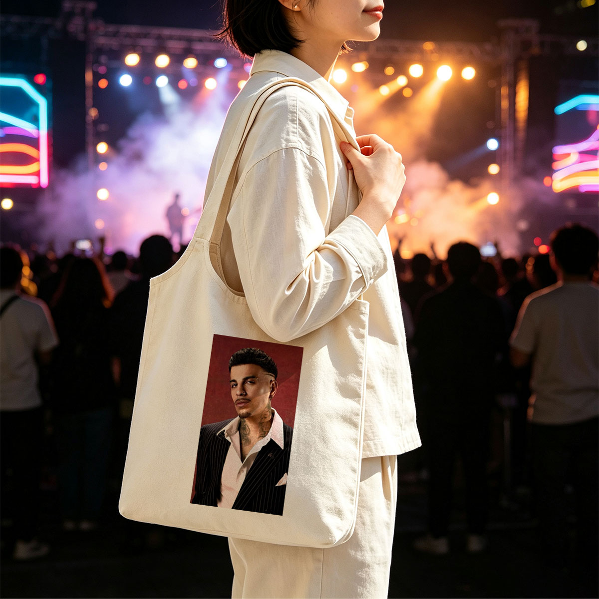 Maluma in a Pinstripe Suit with Visible Neck Tattoos Against a Red Background - Canvas shoulder bags/