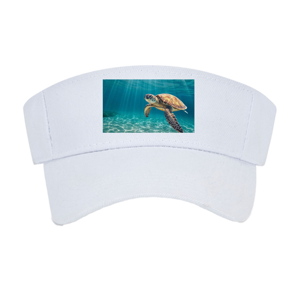 Sea turtle glides through sunlit waters, rays shimmering above. -  Visor cap