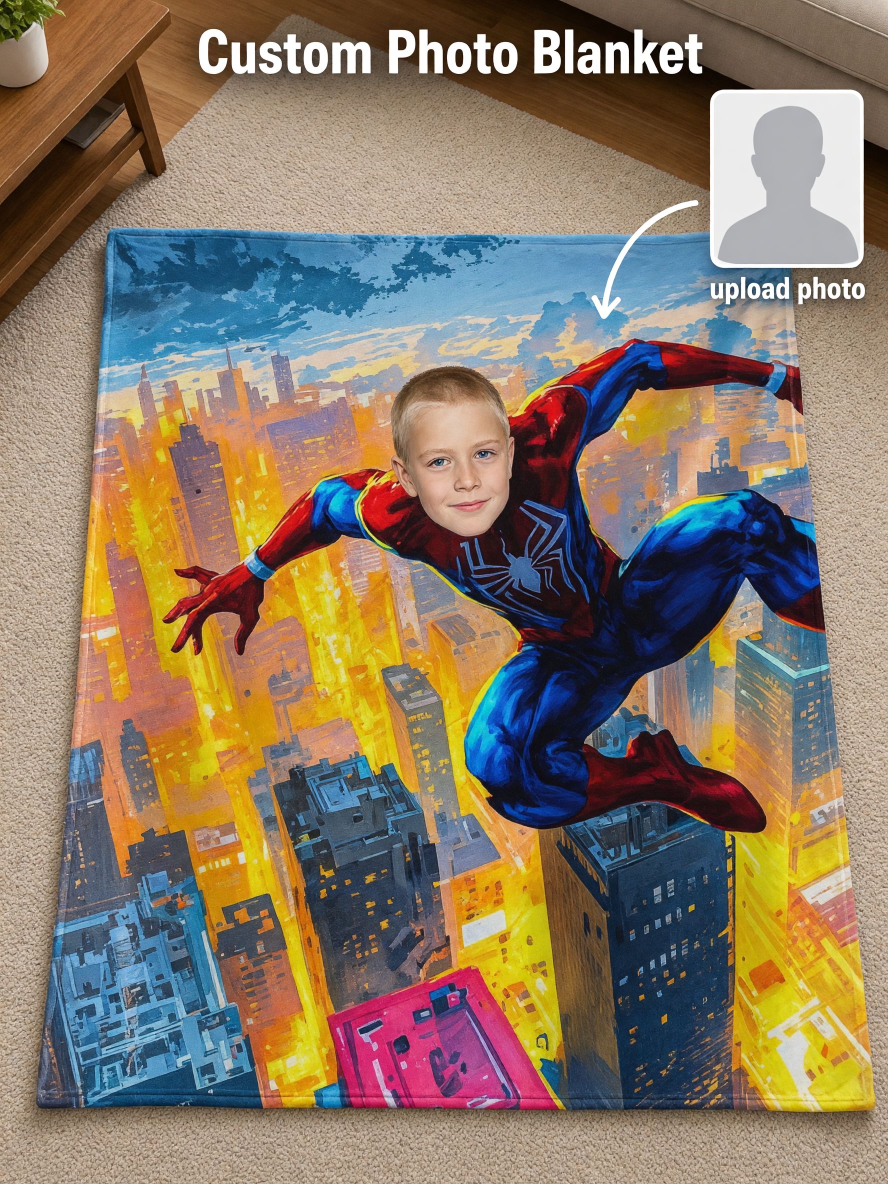Personalized Face Superhero Fleece Blanket Custom Photo Upload Plush Flannel Throw for Kids Cozy Birthday Keepsake Gift