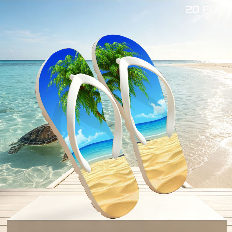 Tropical Beach with Palm Tree and Clear Blue Sky -  flip-flops