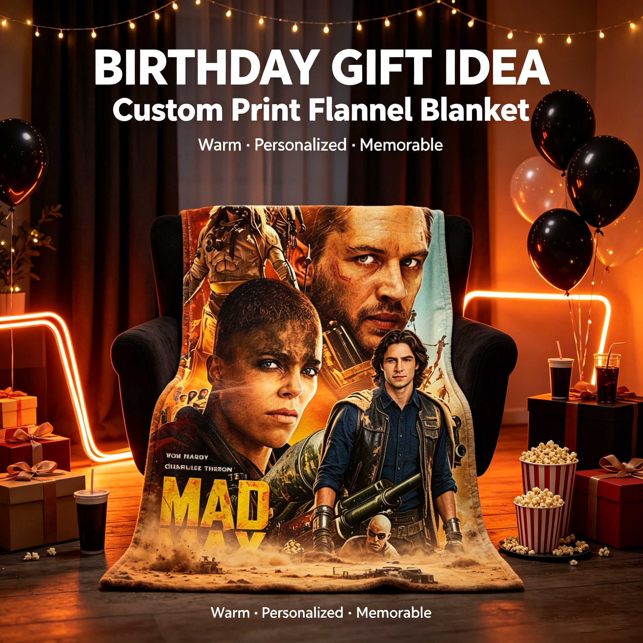 Custom Face Blanket Mad Max Fury Road Flannel Blanket Movie Character Design Perfect for Couch, Bed, or Travel Ideal Gift for Fans and Collectors