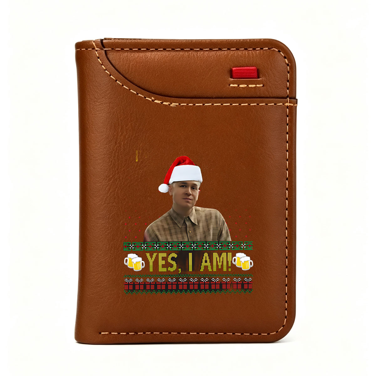 Yes, I Am! - Santa Hat Man in Plaid Shirt with Festive Beer Mugs and Christmas Pattern Background - Vertical Style Wallet