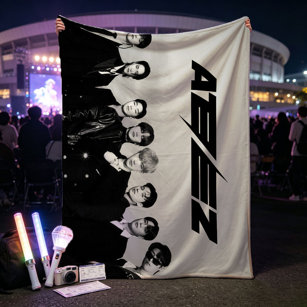 SEVENTEEN in Formal Attire Standing in a Line with Bold Logo on Gray Background - Blankets
