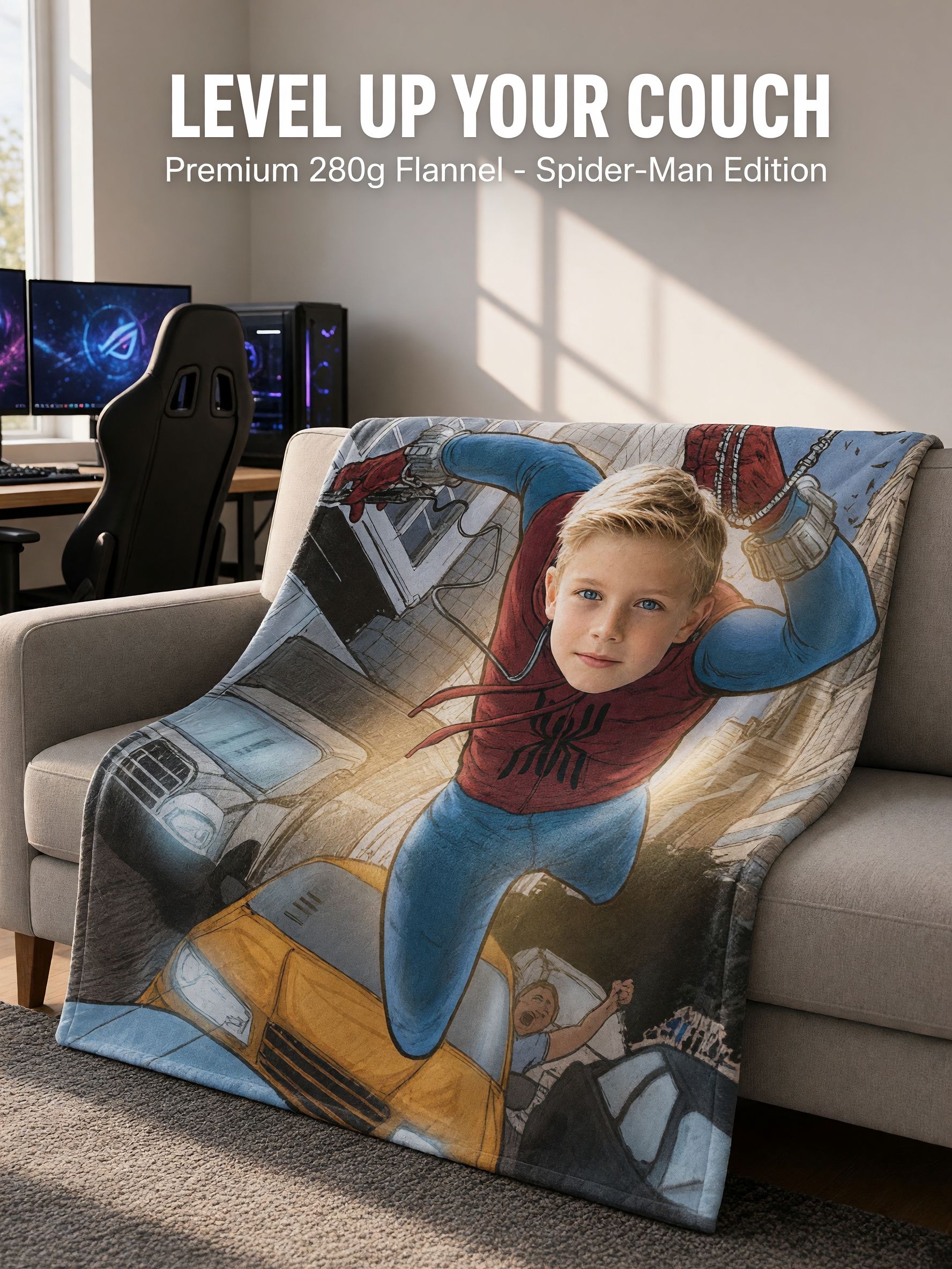 Custom Photo Face Superhero Flannel Blanket, Ultra Soft Fleece Throw for Kids Bed and Sofa, Personalized Gift