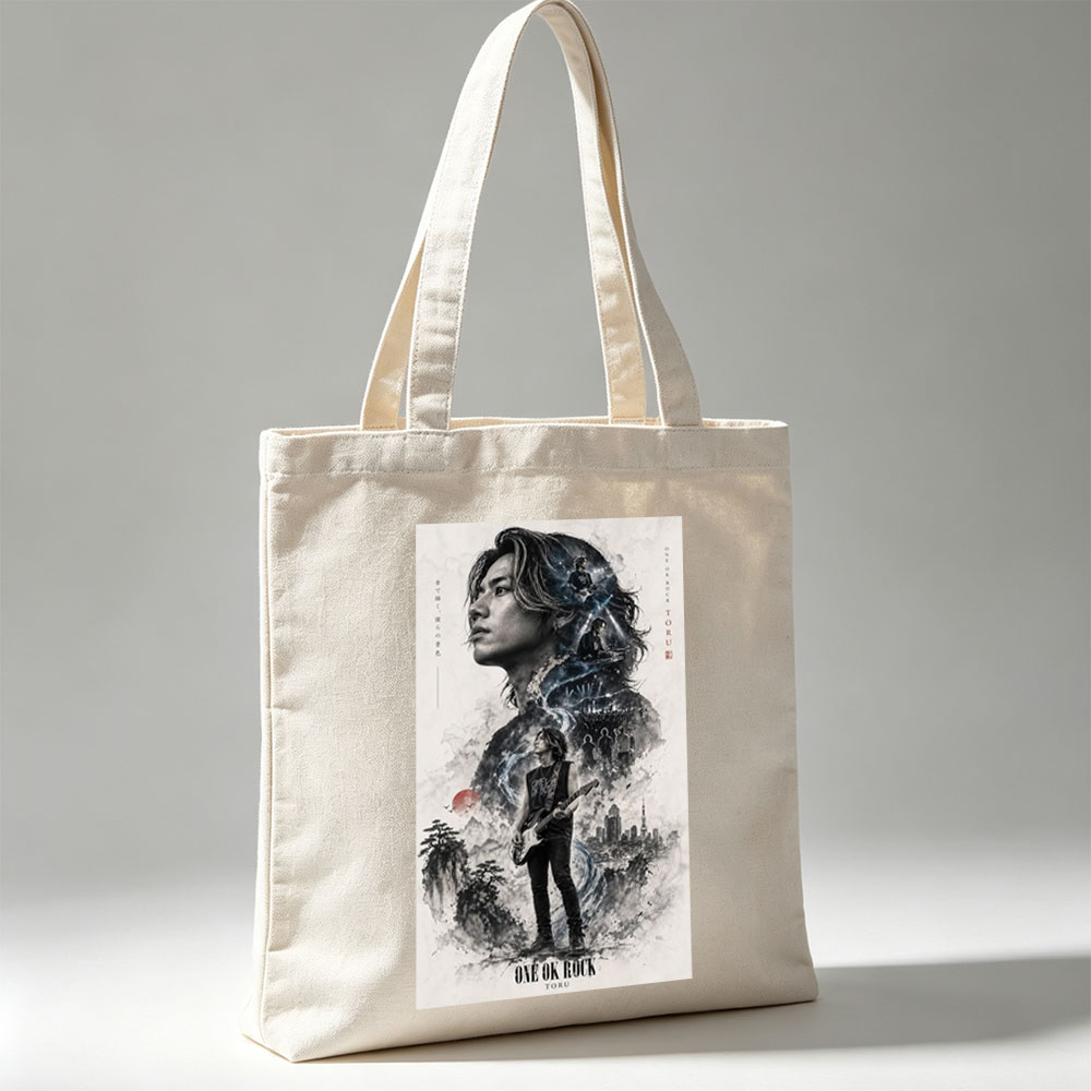 ONE OK ROCK TORU Live Performance Artwork Featuring Guitarist in Urban Landscape with Band Members and Cityscape Background - Canvas tote bags