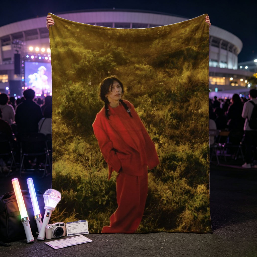 Billie Eilish in a Field Wearing a Red Outfit at Sunset - Blankets