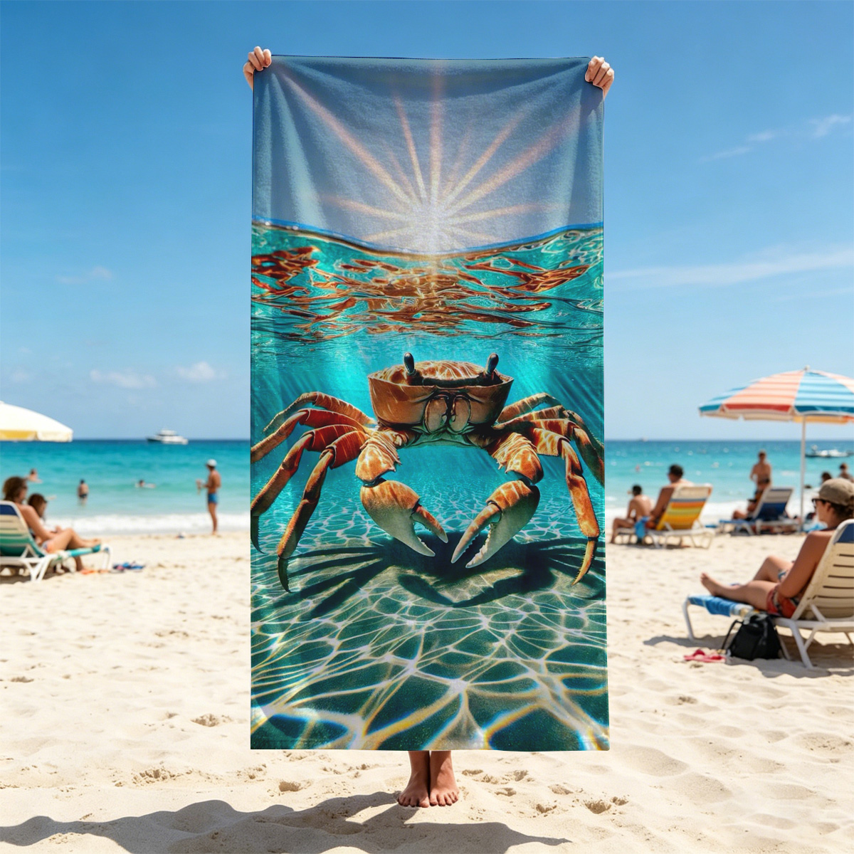 Crab in Sunlit Waters - Beach towels
