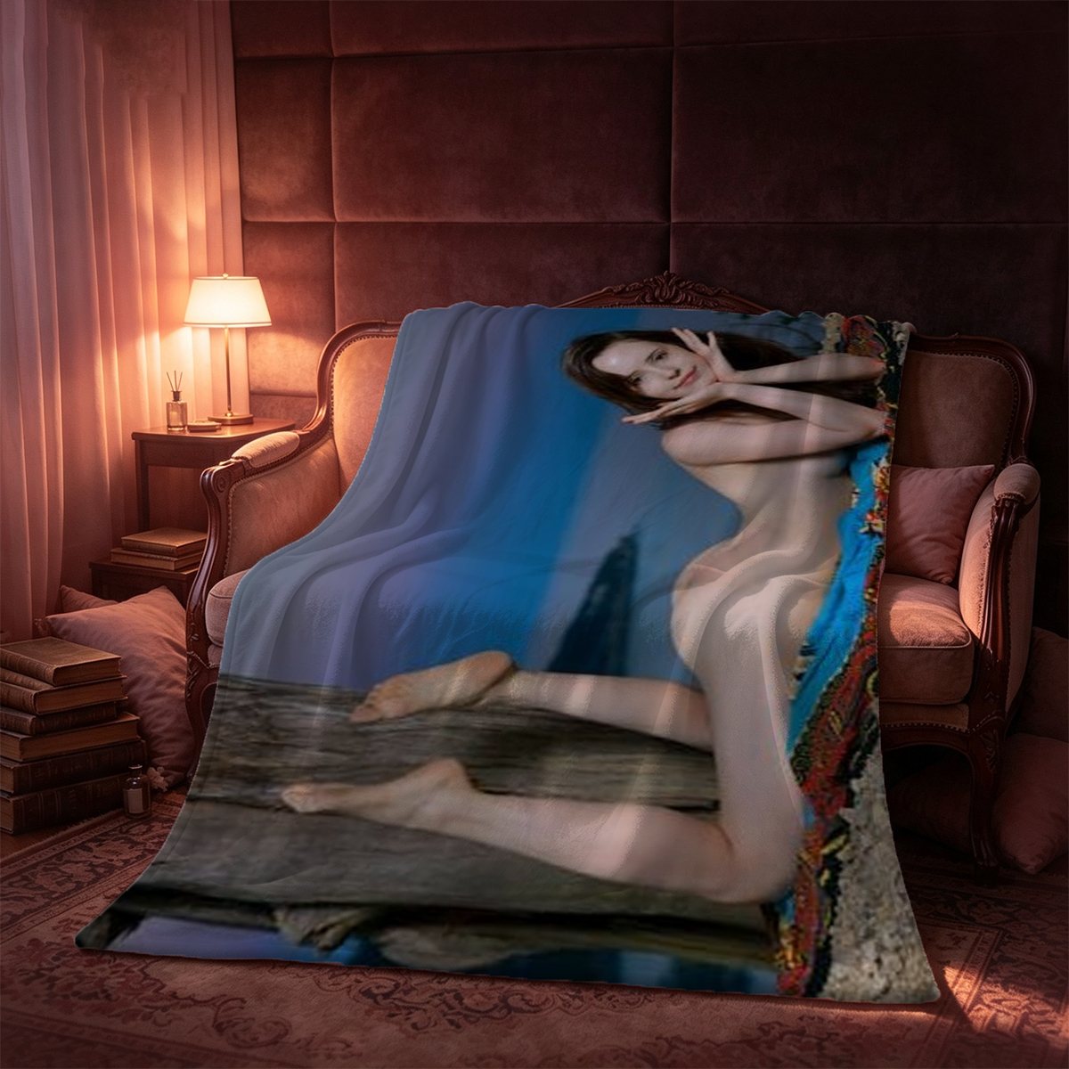 Black Sheer Bodysuit and Stockings in Modern Interior - Blanket