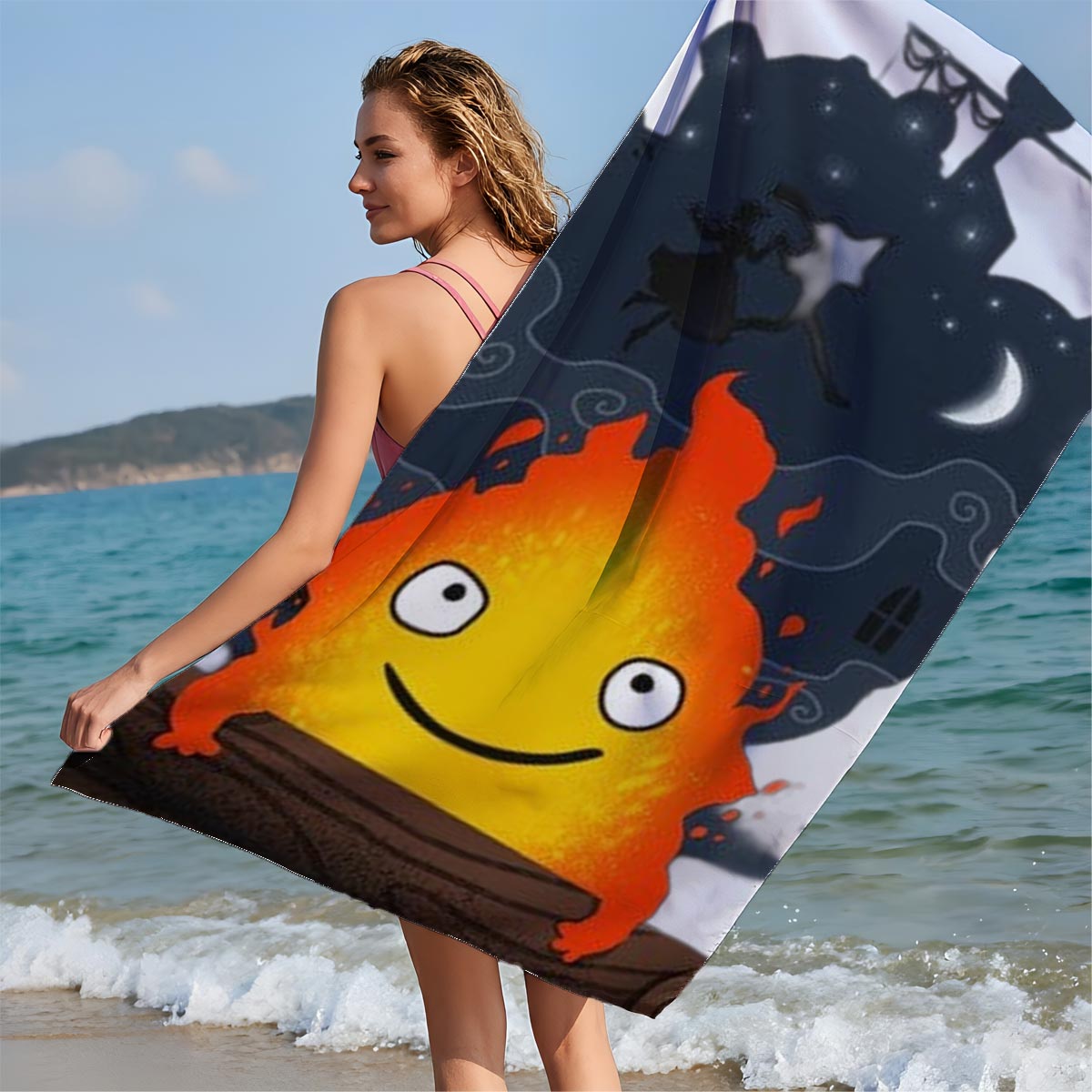 Cute Flame Character with Night Sky and Witch Silhouette Background - Beach towels