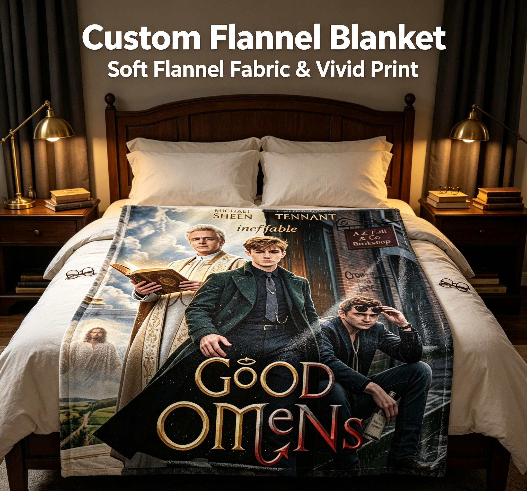 Custom Face Blanket Good Omens Michael Sheen David Tennant Flannel Blanket Fan Gift for TV Show Lovers Home Decor Present