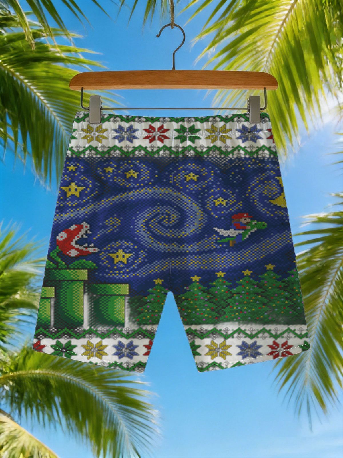 Mario and Yoshi in Starry Night with Bowser and Pipe Scene -  Beach shorts