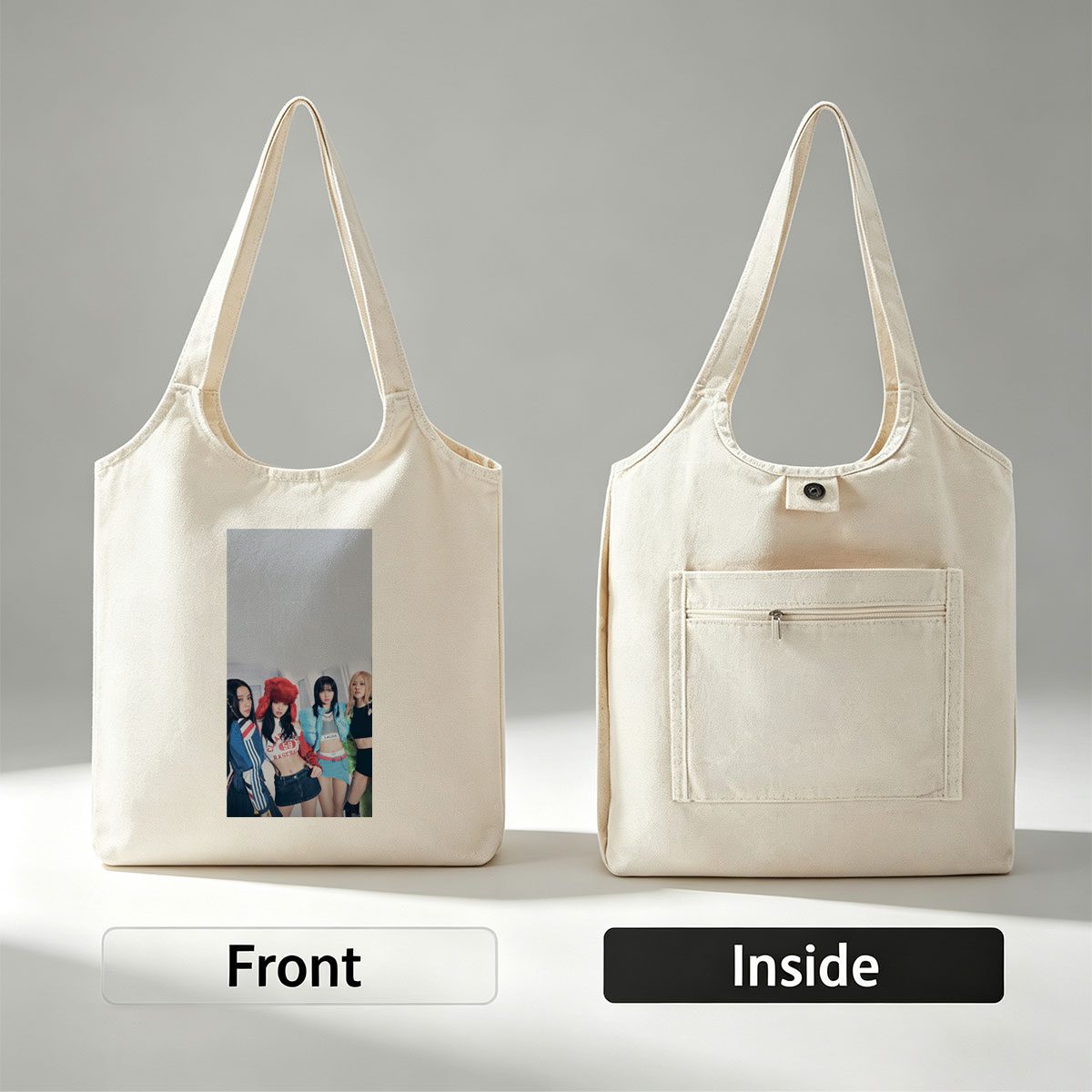 BLACKPINK in a stylish group photo wearing trendy outfits and posing confidently indoors - Canvas shoulder bags/