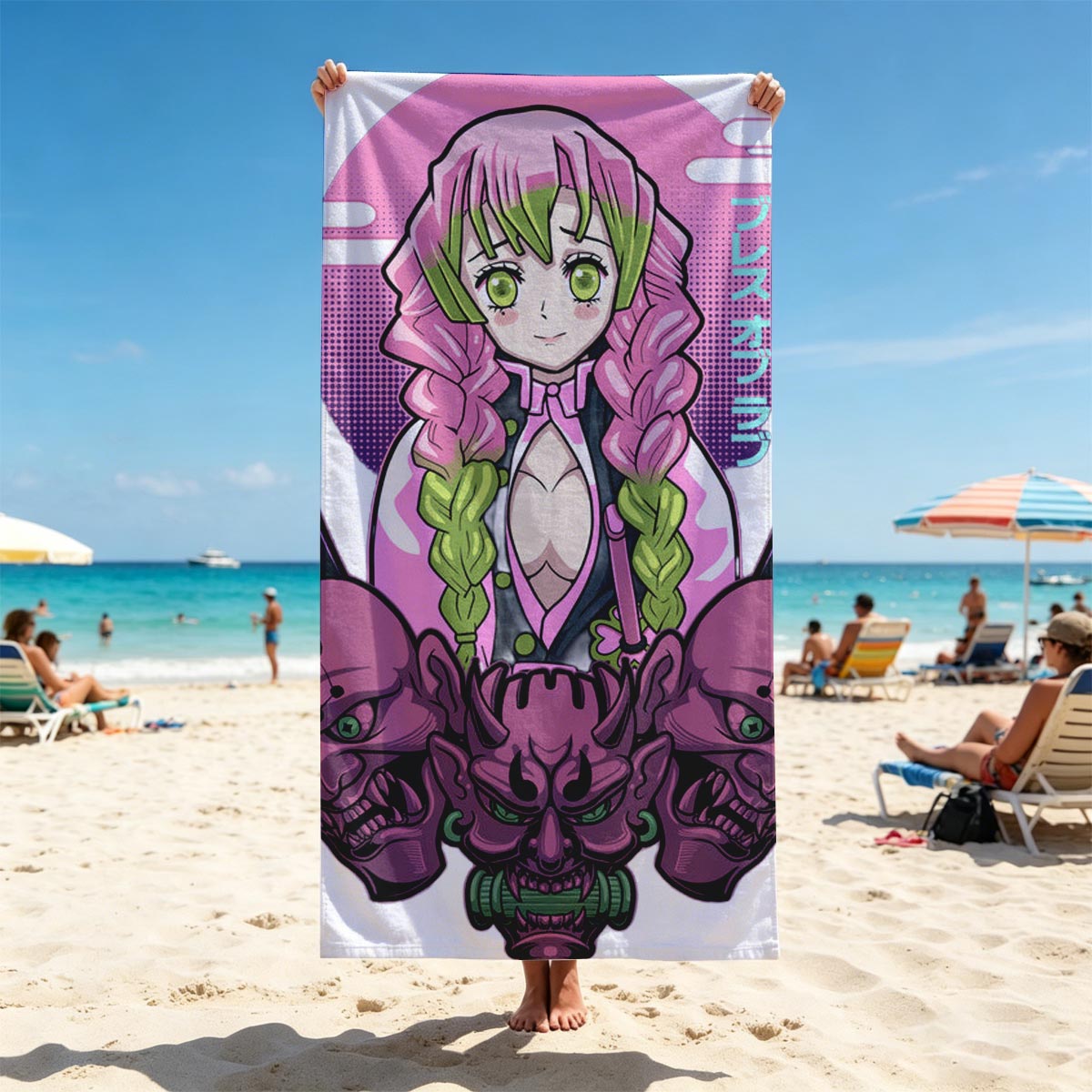 Nezuko Kamado from Demon Slayer with Pink Hair and Green Eyes, Surrounded by Skulls and Swords - Beach towels