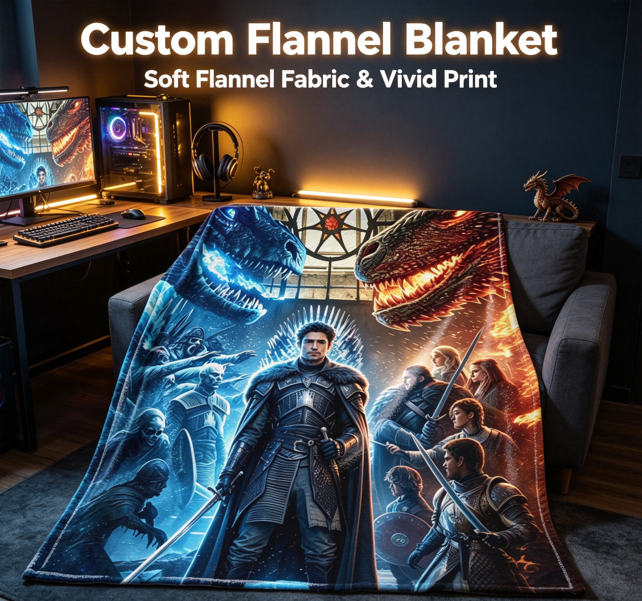 Custom Face Blanket Game of Thrones Iron Throne Dragon King Flannel Blanket Cozy Living Room Bedding Gift for Fans and Collectors