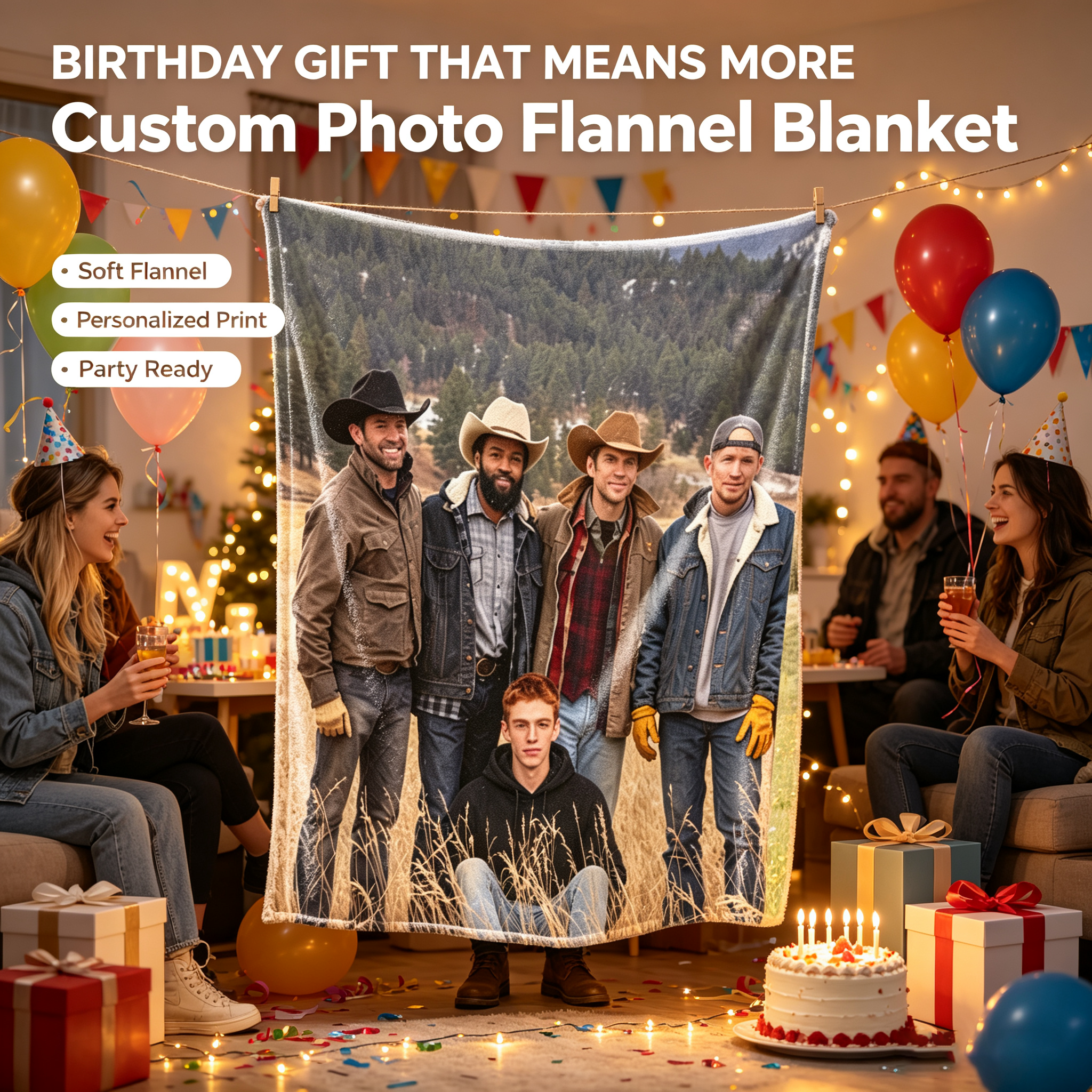 Custom Face Blanket Featuring Five Men in Cowboy Hats and Ranch Attire Standing in a Mountain Field with One Sitting in Front – Flannel Blanket for Cozy Outdoor Adventures, Perfect Gift or Giveaway for Western Enthusiasts