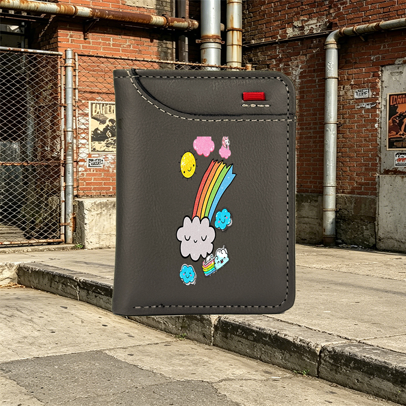 Unisex Vertical Wallet with Rainbow Clouds and Sparkle Design, Cute Cartoon Print for Daily Use, Perfect for Teens and Young Adults Who Love Whimsical Style
