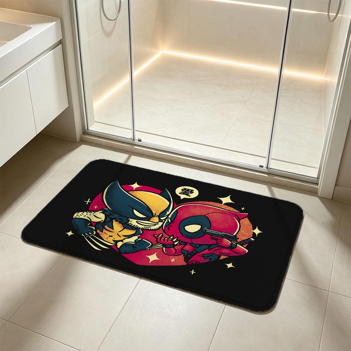 Wolverine and Deadpool in a Heart-Shaped Embrace with Love Symbol - Flannel floor mat