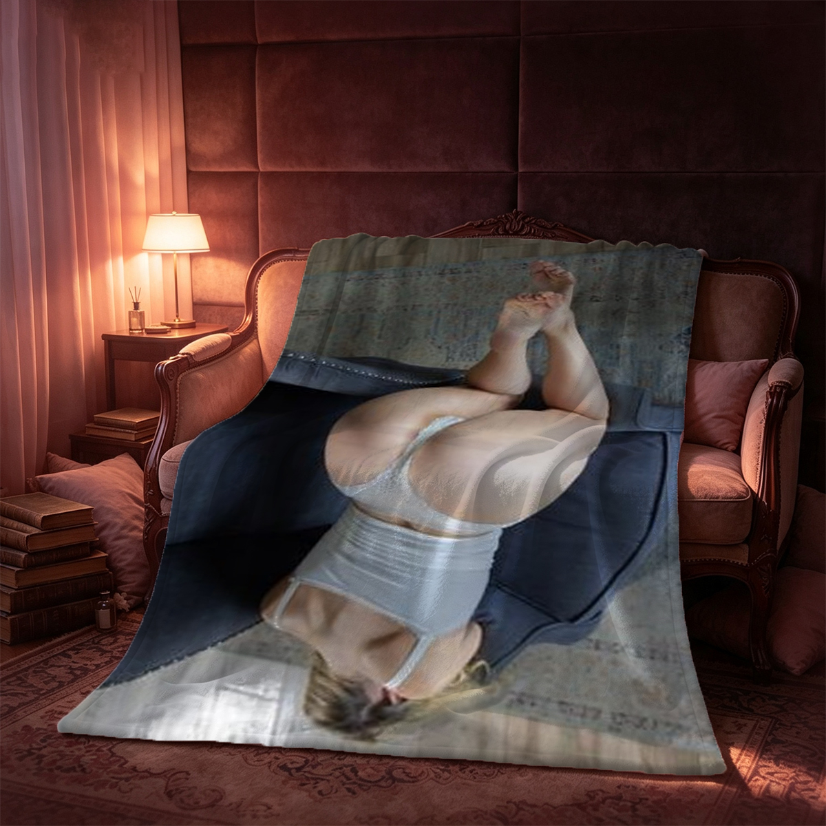 Redhead beauty with red stockings posing nude on a chain-link stool. - Blanket
